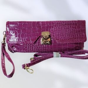 Women's Croc-Texture 3 Way Bag in Magenta with Gold Hardware NWT